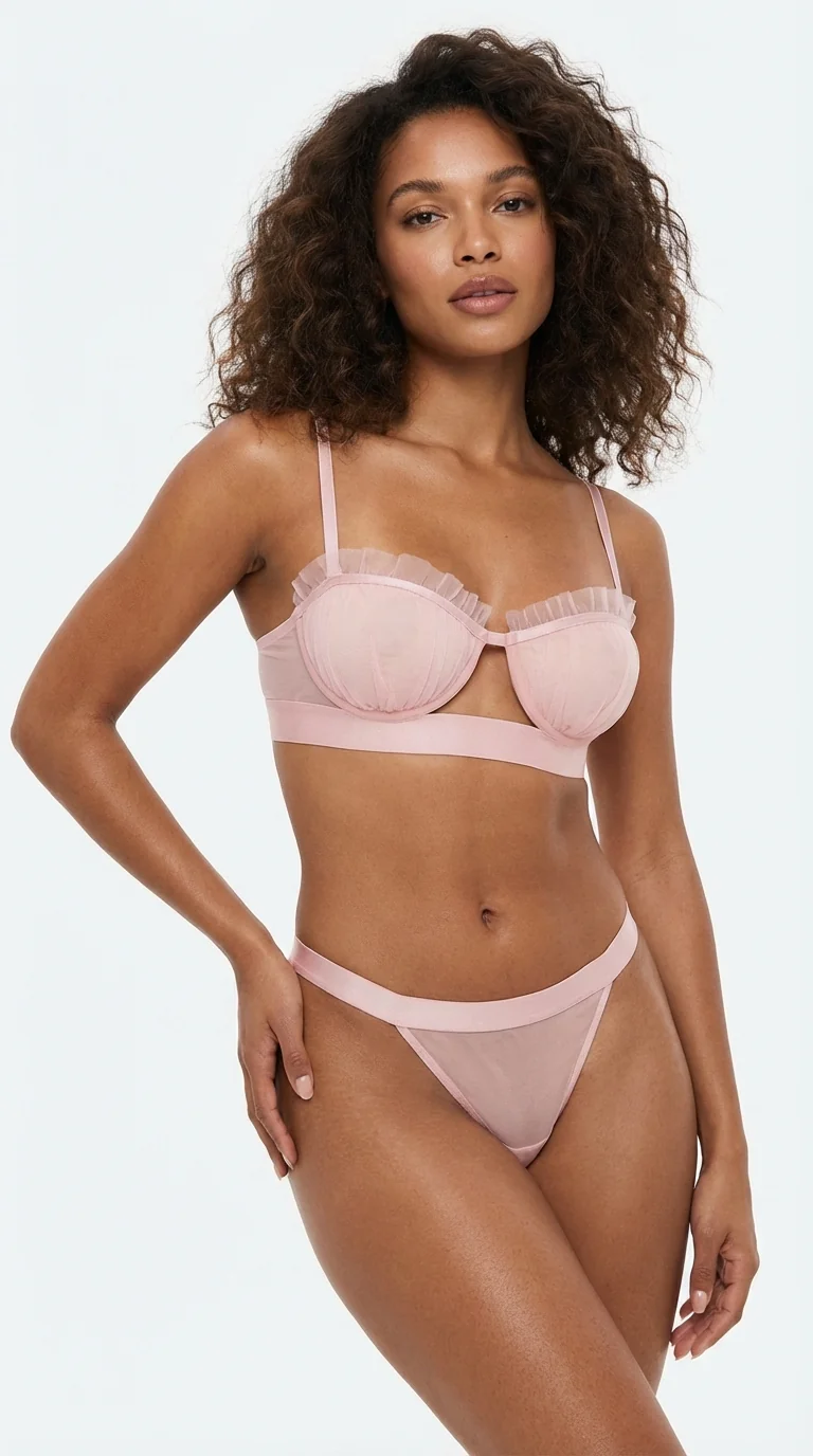 LunaIntim Vizon Tül Fırfırlı Sütyen Takımı Saten Detaylı ve Pencereli Modern Set - Ön Görünüm